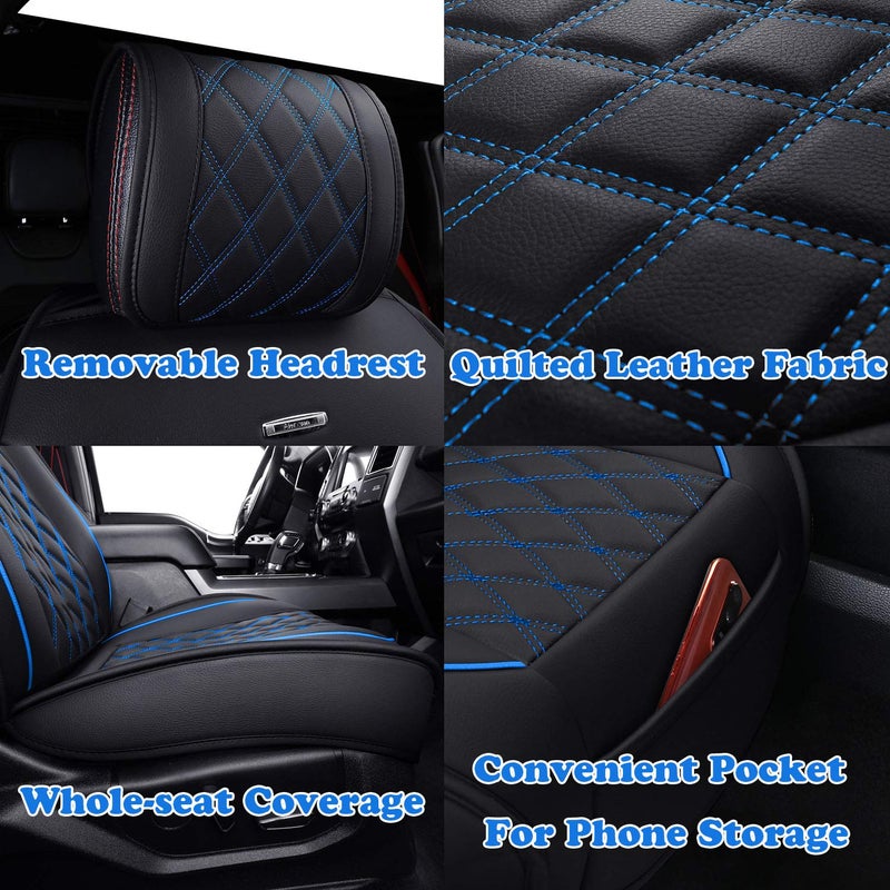 Aierxuan Front Car Seat Covers Custom Fit 2009-2026 Ford F150, 2017-2026 F250 F350 F450 Super Duty Crew Cab Regular Cab Super Cab, Automotive Vehicle Cushion with Waterproof Leather (Black and Blue) - Image 5